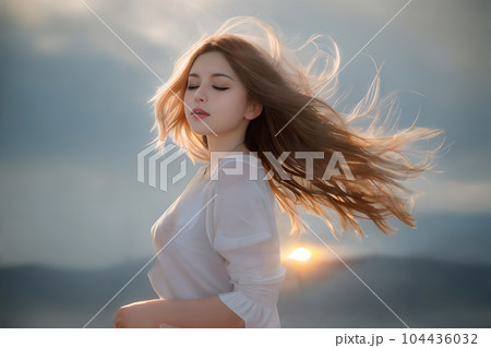 AI生成画像／風を受ける女性　11 104436032