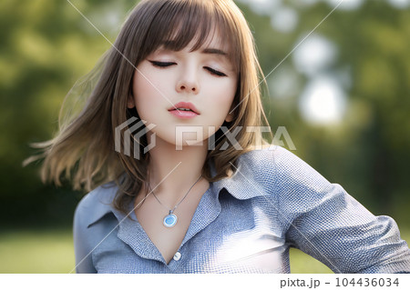 AI生成画像／風を受ける女性　13 104436034
