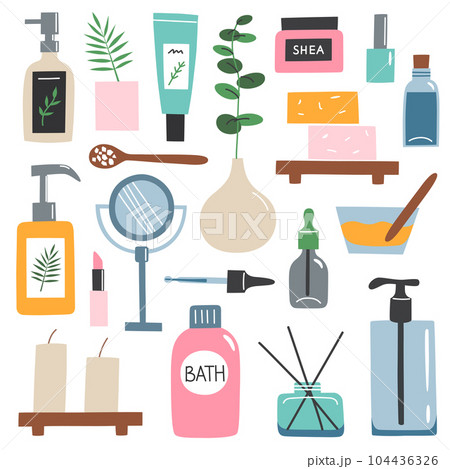 Skincare hand drawn collection, doodle icons of beauty products and tools, vector illustrations of dispensers, bottles with serum, lotion, face cream and homemade soap, organic skin care Skincare hand drawn collection, doodle icons of beauty products and tools, vector illustrations of dispensers, bottles with serum, lotion, face cream and homemade soap, organic skin care 104436326