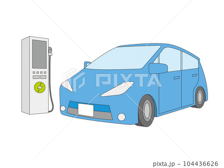 青い電気自動車と充電スタンドのイラスト_1_主線あり 104436626