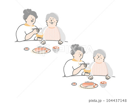 介護スタッフとシニア男性　食事介助の様子 104437148