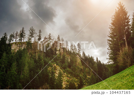 Mountain landscape in the Alps. Panoramic view of beautiful mountain landscape in the Bad Rippoldsau-Schapbach in the Black Forest, area near Burgbach Wasserfall, Baden-Wurttemberg, southern Germany. 104437165