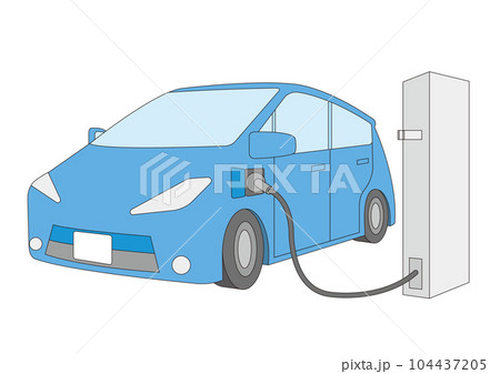 充電中の青い電気自動車のイラスト_4_主線あり 104437205