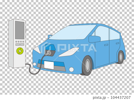 Illustration of a blue electric car being charged _2_with main line Illustration of a blue electric car being charged _2_with main line 104437207