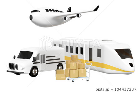 3d worldwide shipping with delivery van, plane, sky train transport isolated. service, transportation, air cargo trucking, railway shipping, land transport concept, 3d render 104437237