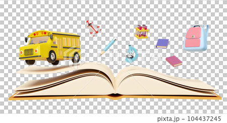 3d yellow school bus cartoon sign icon, vehicle for transport students isolated. accessories with microscope, open book, bag, pencil, school supplies, back to school 3d render 3d yellow school bus cartoon sign icon, vehicle for transport students isolated. accessories with microscope, open book, bag, pencil, school supplies, back to school 3d render 104437245