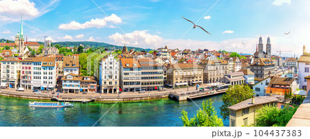Skyline panorama on the downtown of Zurich at sunny day, Switzerland 104437383