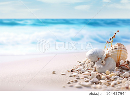 夏のリゾート地の青い海と白い砂浜と貝殻 夏のリゾート地の青い海と白い砂浜と貝殻 104437944
