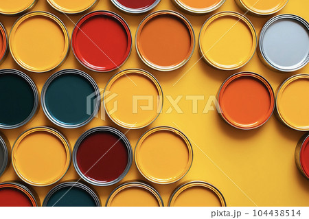 Many different colored tin cans with paint. House rennovation, design ideas, bright conceptual photo. High quality photo with copy space. AI generated 104438514