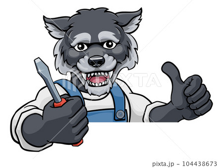 Wolf Electrician Handyman Holding Screwdriver Wolf Electrician Handyman Holding Screwdriver 104438673