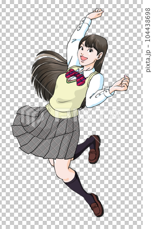 A high school girl who is happy with a guts pose while jumping _ long-sleeved vest 104438698