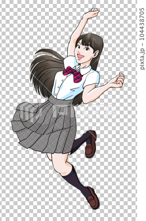 跳躍時擺出大膽姿勢的女高中生_夏裝樂福鞋 104438705