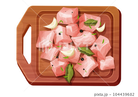 Chicken pieces, cubes raw meat, chopped slices with spices, garlic and leaves on wooden bord top view in cartoon style isolated on white background. Uncooked ingredient.  104439682