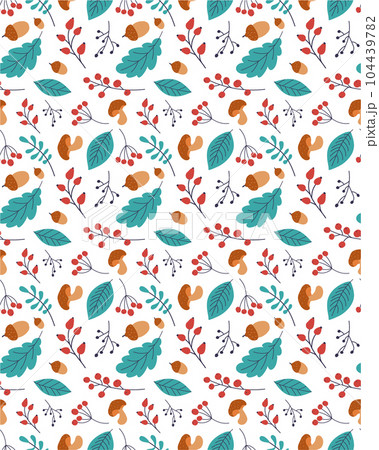 Autumn leaf seamless vector pattern. Hand drawn autumn leaf. Design for poster, kitchen textiles, clothing and wallpaper. Leaves colored oak, ash, poplar, birch, acacia.Rosehip, mushroom,acorns,rowan 104439782