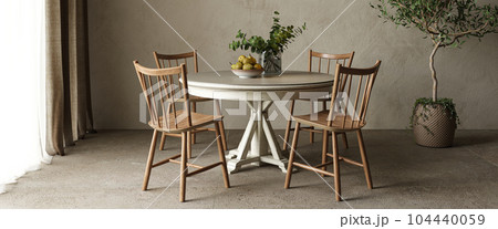 Dining room table. High quality illustration 3d rendering. Country interior design with scandinavian plants 104440059