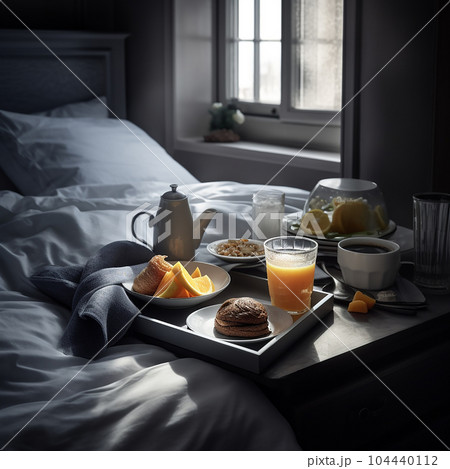 Breakfast in bed, a tray of delicious food and drinks stands on a bed lit by morning light. Coffee, juice, croissants, orange on a tray. Breakfast in bed, a tray of delicious food and drinks stands on a bed lit by morning light. Coffee, juice, croissants, orange on a tray. 104440112