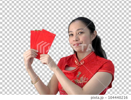 Asian middle age woman happy celebrate chinese new year with red envelops happy festival 104440216