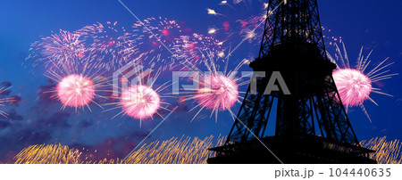 Celebratory colorful fireworks over the Eiffel Tower in Paris, France Celebratory colorful fireworks over the Eiffel Tower in Paris, France 104440635