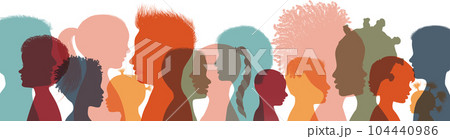 Heads faces colored silhouettes multicultural and multiethnic diversity children in profile. Concept of study education and learning. Kindergarten or elementary school education. Banner 104440986