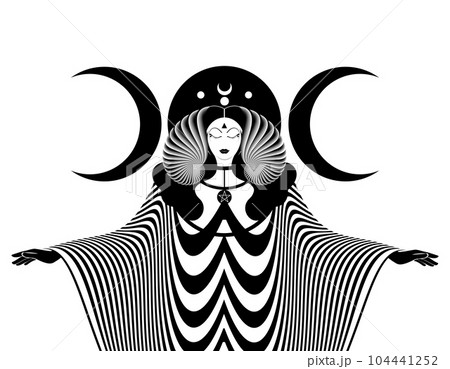 Magical triple goddess, priestess. Beautiful fairy woman with horns and long dress. Gothic Witch wiccan female sacred design, magic black moon. Vector isolated on white background in art deco style  104441252