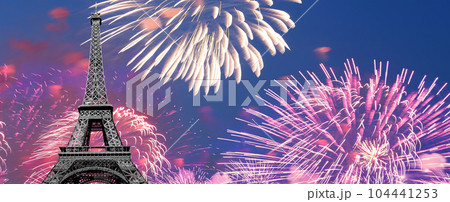 Celebratory colorful fireworks over the Eiffel Tower in Paris, France 104441253