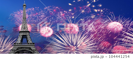 Celebratory colorful fireworks over the Eiffel Tower in Paris, France Celebratory colorful fireworks over the Eiffel Tower in Paris, France 104441254