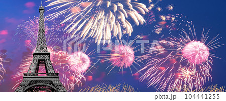 Celebratory colorful fireworks over the Eiffel Tower in Paris, France Celebratory colorful fireworks over the Eiffel Tower in Paris, France 104441255
