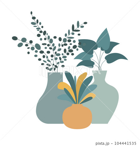 Pottery Vases with House plants. Hand drawn 104441535