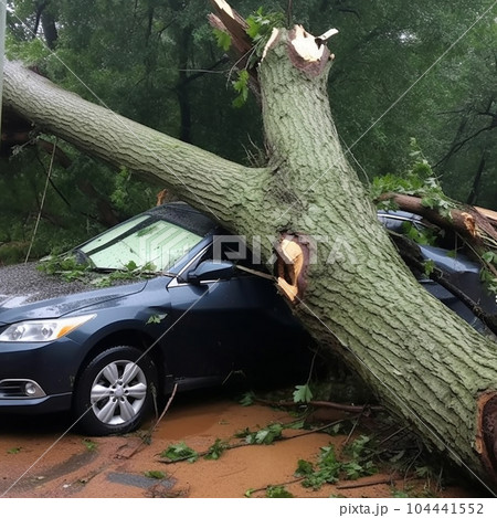Big tree fell on the car, catastrophe, breakdown, destruction, insured event, natural disaster, Big tree fell on the car, catastrophe, breakdown, destruction, insured event, natural disaster, 104441552