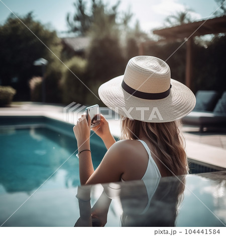 Girl with long hair in big hat sits on side of large pool with clean water and looks into smartphone, vacation holiday illustration Girl with long hair in big hat sits on side of large pool with clean water and looks into smartphone, vacation holiday illustration 104441584