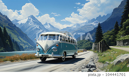 Classic van on the road with mountains background 104441701