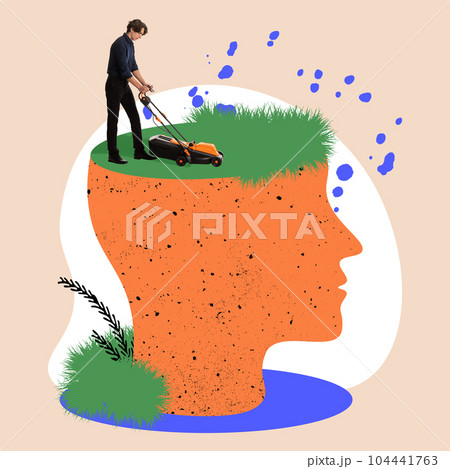 Businessman cutting lawn on human head symbolizing reduction of negative and obsessive thoughts. Contemporary art collage. 104441763