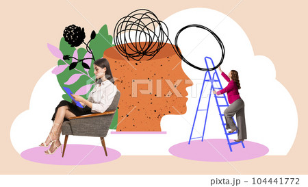 Young women, employees working on their mental health, caring about emotional state and keeping mind clear. Contemporary art collage. 104441772
