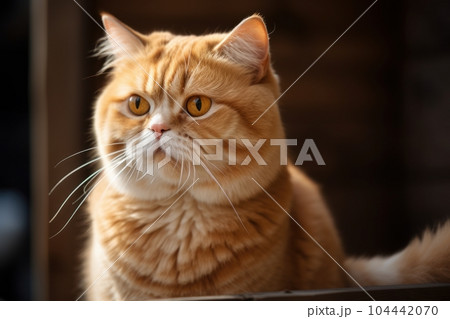 Portrait of a cute cat looking away. Highland fold cat breed. Generative AI 104442070
