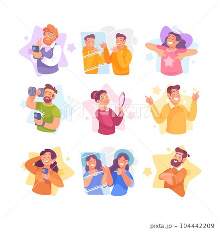 Ego with Self Confident People Character Looking in Mirror Satisfied with Their Appearance Vector Set Ego with Self Confident People Character Looking in Mirror Satisfied with Their Appearance Vector Set 104442209