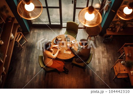 Man and woman on having breakfast in the morning in cafe, top view. Generative AI Man and woman on having breakfast in the morning in cafe, top view. Generative AI 104442310