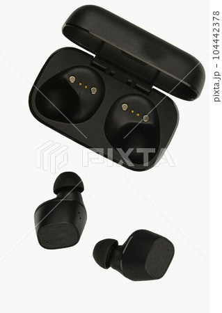 Wireless stereo earbuds. Black wireless earphones and charging case. Earbuds or headphones and charging case with bult-in rechargeable battery for the earbuds isolated on white background with Wireless stereo earbuds. Black wireless earphones and charging case. Earbuds or headphones and charging case with bult-in rechargeable battery for the earbuds isolated on white background with 104442378
