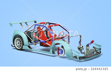 Sport car custom upgrade kit set of details for body and engine 3d render on blue background 104442385