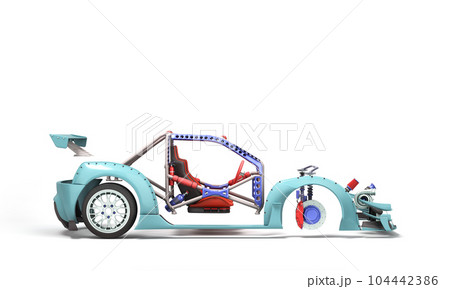 Sport car custom upgrade kit set of details for body and engine 3d render on white 104442386
