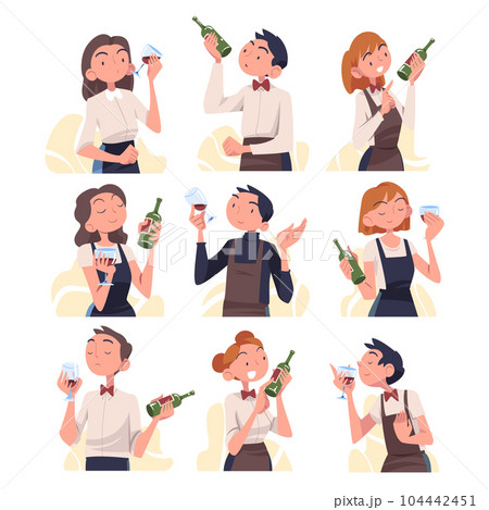 Man and Woman Sommelier as Wine Professional with Glass and Bottle of Drink Vector Set Man and Woman Sommelier as Wine Professional with Glass and Bottle of Drink Vector Set 104442451
