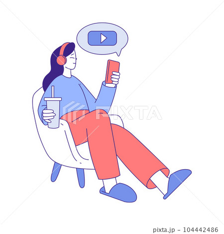 Woman Character Use Social Media Sitting on Chair with Smartphone Drinking Soda Vector Illustration Woman Character Use Social Media Sitting on Chair with Smartphone Drinking Soda Vector Illustration 104442486