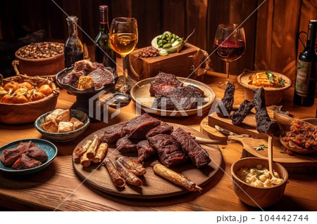 Asado roasted beef and various other barbecue. Generative AI 104442744