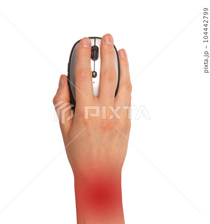 Wrist ache while hand lying on computer mouse 104442799