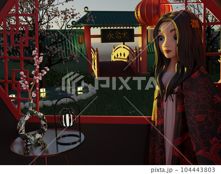 A cartoon of a woman standing in front of a chinese gate A cartoon of a woman standing in front of a chinese gate 104443803