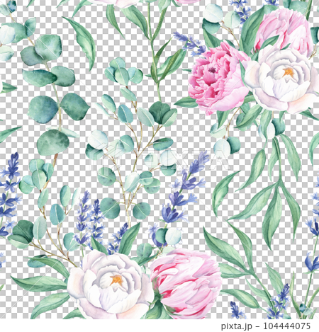 Seamless watercolor pattern with white and pink peonies, eucalyptus and lavender branches on white background. Can be used for wedding prints, gift wrapping paper, kitchen textile and fabric prints. Seamless watercolor pattern with white and pink peonies, eucalyptus and lavender branches on white background. Can be used for wedding prints, gift wrapping paper, kitchen textile and fabric prints. 104444075