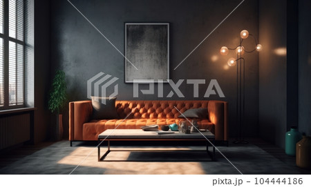 Interior of cozy vintage living room in a luxury apartment. Stylish terracotta sofa, coffee table, trendy floor lamp, large window with blind, carpet, poster on the wall, home decor. 3D rendering. 104444186