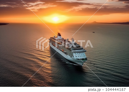 Aerial view of luxury white cruise ship in calm tropical sea. Beautiful sky, bright sunset over the horizon. The concept of summer cruise vacation and travel. 3D rendering. 104444187