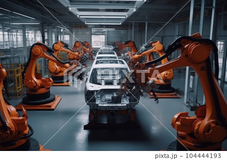 Robotic conveyor line for car assembly. Modern workshop with automated equipment. Mechanical assembly of car bodies. Automated production of cars at the factory, complete replacement for manual labor. Robotic conveyor line for car assembly. Modern workshop with automated equipment. Mechanical assembly of car bodies. Automated production of cars at the factory, complete replacement for manual labor. 104444193