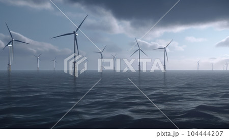 Wind turbines in a stormy northern sea against a gloomy gray sky. Sustainable energy production, clean energy. Renewable energy concept. 3D illustration. Wind turbines in a stormy northern sea against a gloomy gray sky. Sustainable energy production, clean energy. Renewable energy concept. 3D illustration. 104444207