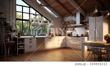 Spacious loft style kitchen with dining area. White facades, open shelves, dining table with chairs, modern kitchen appliances, wooden floor, wooden ceiling with beams, panoramic window. 104444213